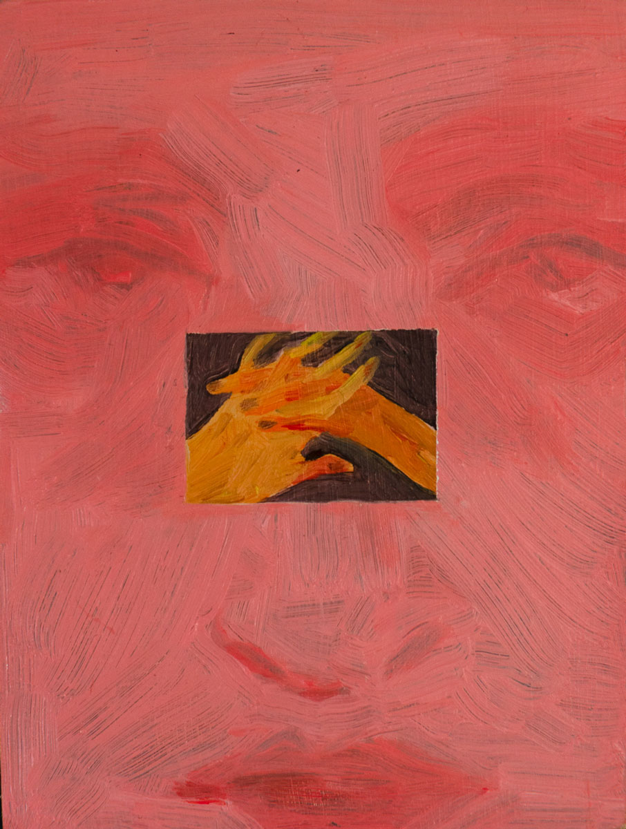 a pink face with a smaller painting inside showing two hands interlacing fingers