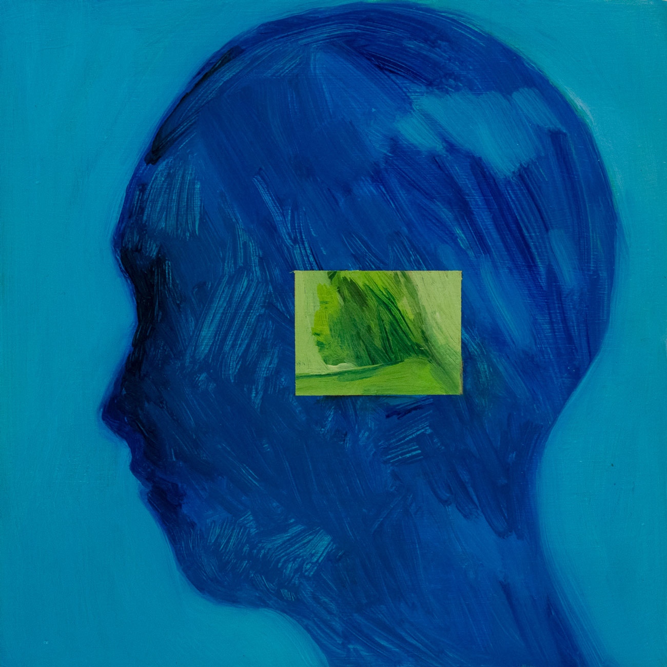 portrait view of a person's face in blue with a smaller frame showing a woman looking into someplace in the distance